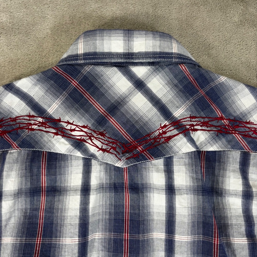 Cowboy Hardware Western Snap Shirt Women XL Blue Plaid Barbed Wire Embroidered - Picture 5 of 7